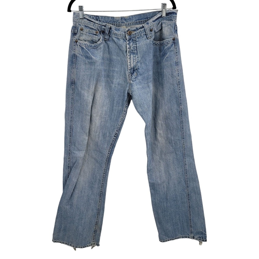 Vtg Mens Flypaper Jeans 34x34‎ Light Stone Wash Wide Straight Leg Thrashed Hem